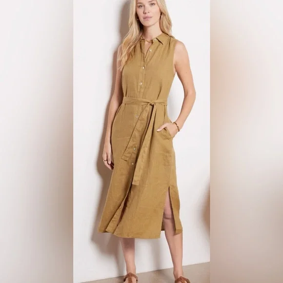 Faherty Laguna linen sleeveless shirt dress with tie belt size XS mustard color - Picture 1 of 5